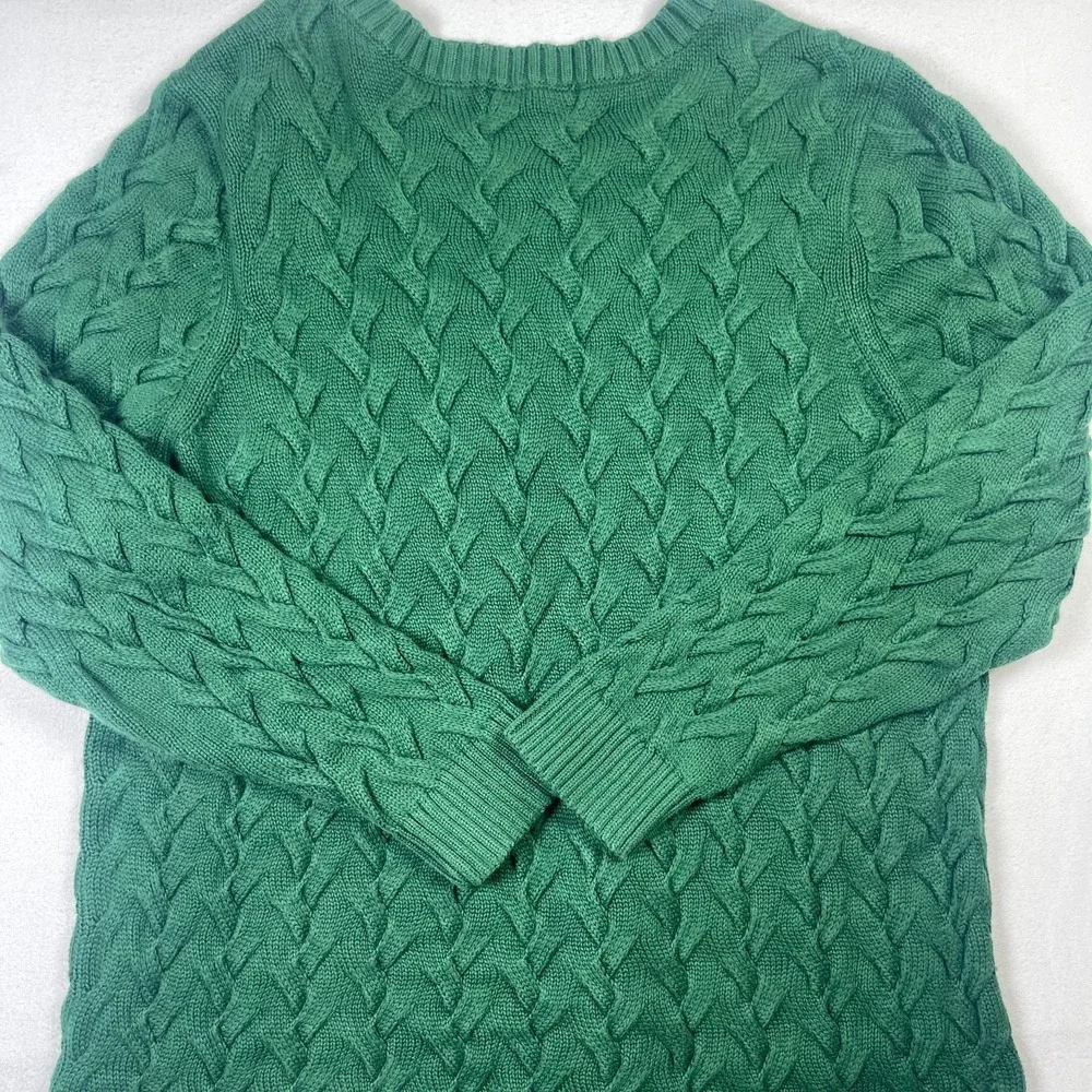 Lands' End Sweater Mens 1X Green Cotton Cable Knit Crewneck Long Sleeve Pullover